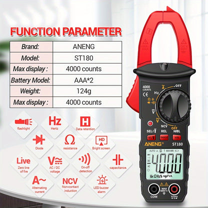 1 Set Clamp On Multimeter Ammeter Set with Measuring Pen, Flashlight, ST180 4000 Count, Buzzer, Measuring Current, Voltage, Capacitance, Resistance, NVC Detection, Diode Continuity, Duty