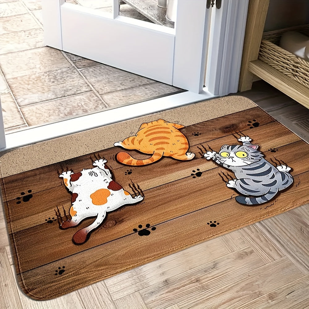 Add a fun touch to your home with this adorable Cartoon Kitten Escape Decorative Door Mat. Made of durable and stain-resistant knitted polyester, this lightweight mat is non-slip and machine washable. Perfect for the home entrance, bedroom, living room