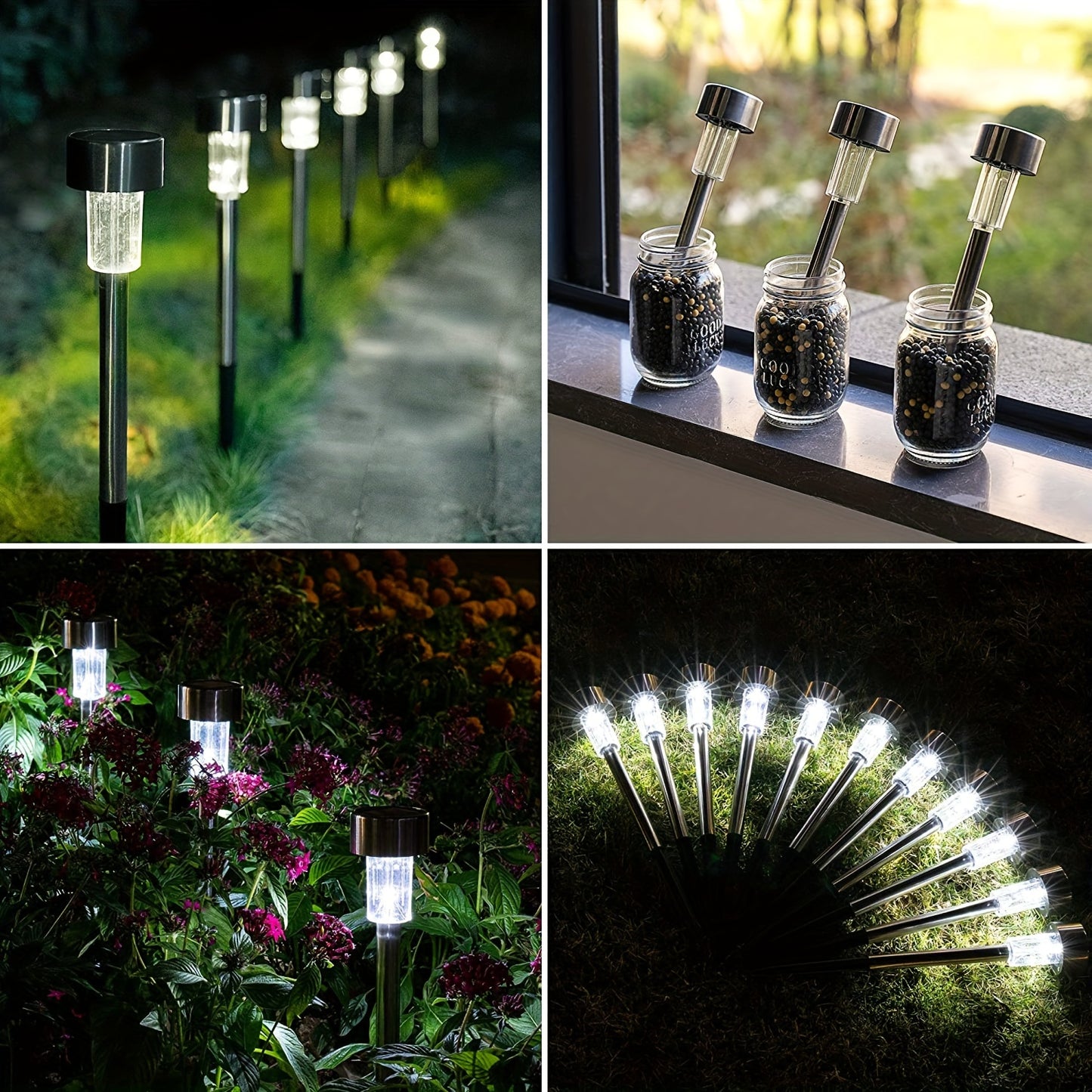 Solar LED lights for outdoor use, including courtyards, lawns, paths, decks, driveways, and gardens. Perfect for holiday parties and garden walkway decoration. Available in 8, 10, or 12pcs