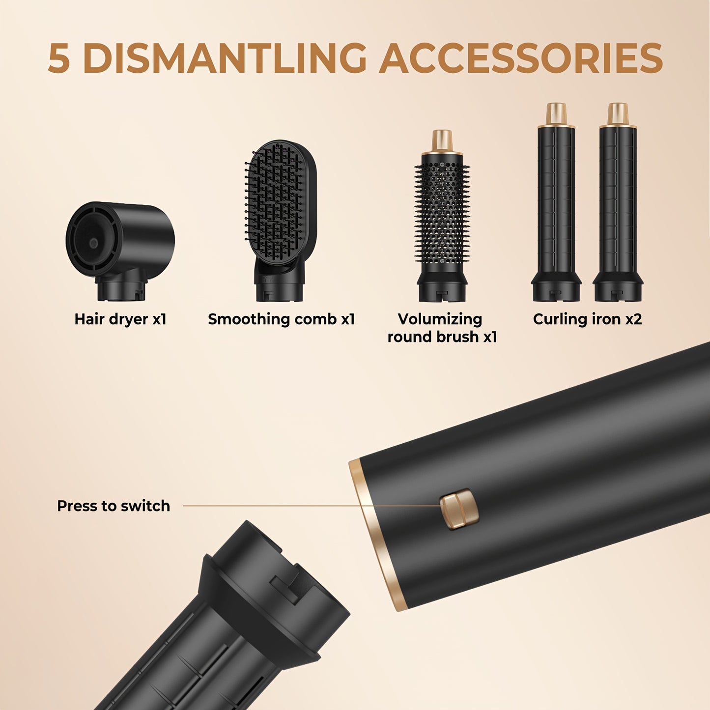 Multifunctional 5-in-1 Hot Air Styling Brush Set with Automatic Left & Right Curling Iron, Straight Hair Brush, Blow Dryer - 220V European Plug.