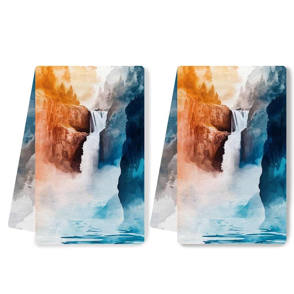 Set of 2 Ultra Soft Kitchen Towels featuring a Vibrant Design of Lower Falls at Yellowstone National Park. These Highly Absorbent and Machine Washable Dish Hand Towels measure 40.64x60.96 cm - Perfect for Holiday Decor and Everyday use in the kitchen.