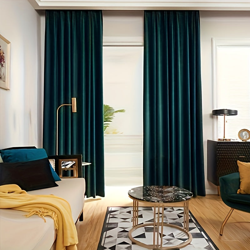 Dark green velvet curtains, perfect for adding elegance and insulation to any room. These solid velvet curtains in a rich shade of dark green are ideal for creating a cozy and dark bedroom ambiance. They can be hung on a pole for easy installation. Made