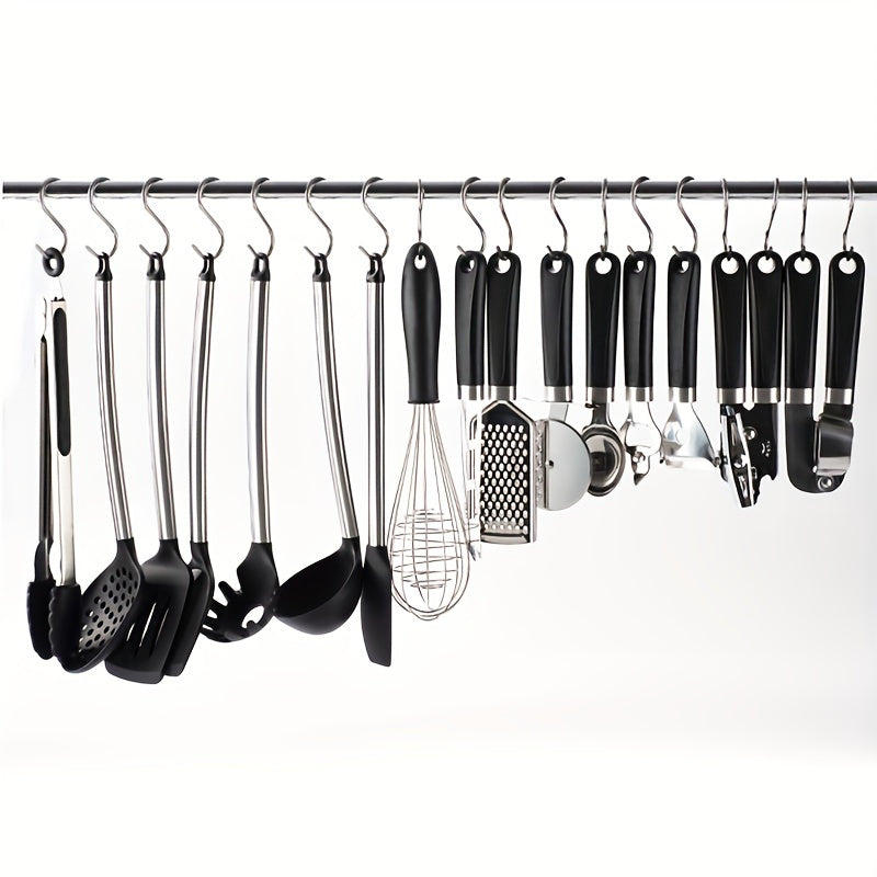 10 stainless steel S-hooks for kitchen, bedroom, and bathroom. Ideal for hanging towels, bags, and accessories. Rustproof and multi-functional.