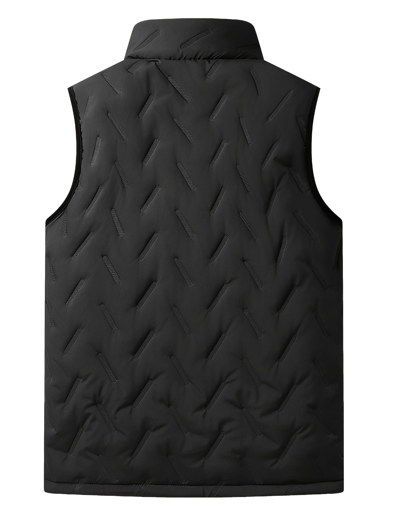 Men's sleeveless vest with stand collar, zippered design, black color, made of polyester. Suitable for fall/winter. Quilted texture, weather-resistant. Casual style.