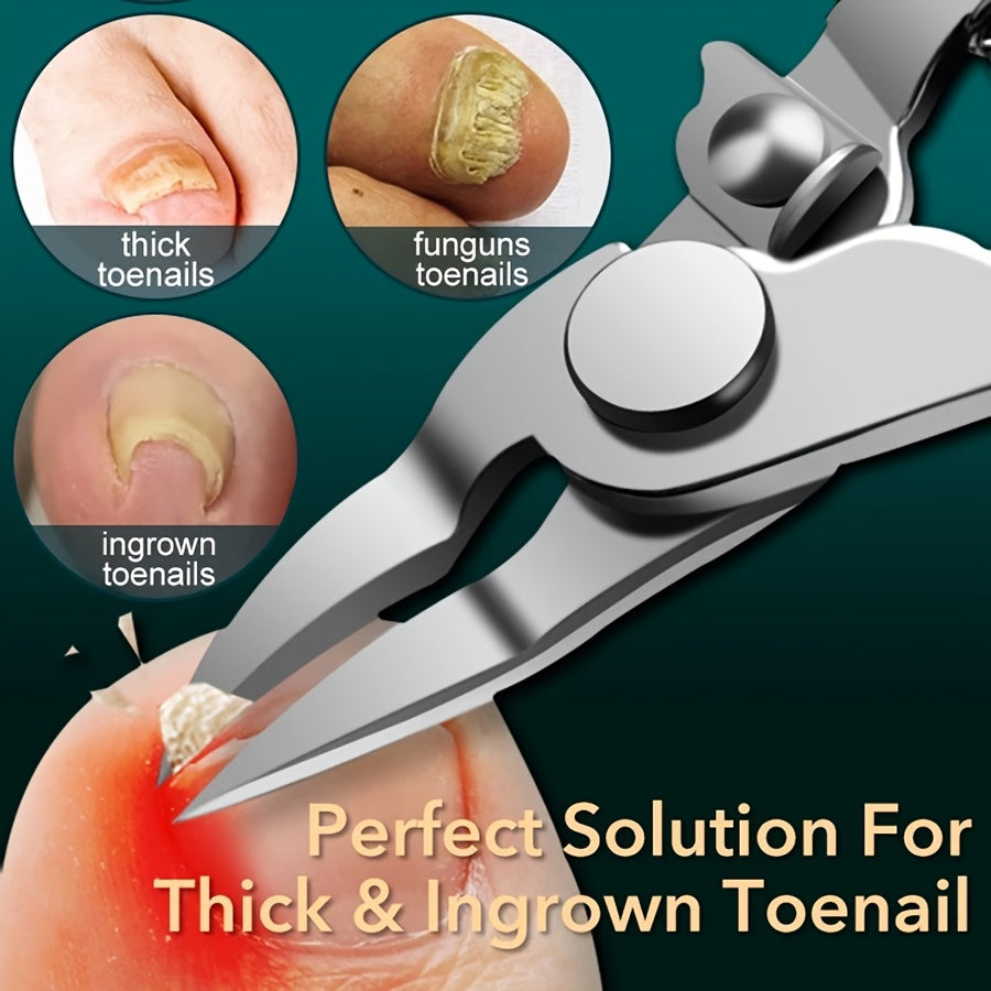 Stainless steel nail clipper set with edge trimmer and embedded toenail clipper for thick nails, designed for precision trimming and ingrown nails.