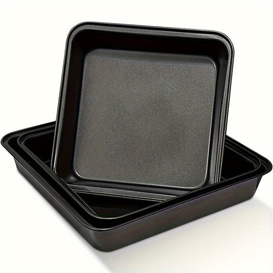 Set of three baking pans in black square non-stick finish, perfect for deep cakes and desserts. These oven safe molds are essential kitchen tools for your baking needs.