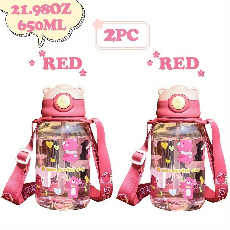 2-Pack of 20.98OZ Bear Water Bottles with Straw & Strap - Hand washable, BPS free, ideal for school, travel, sports, holidays and celebrations.