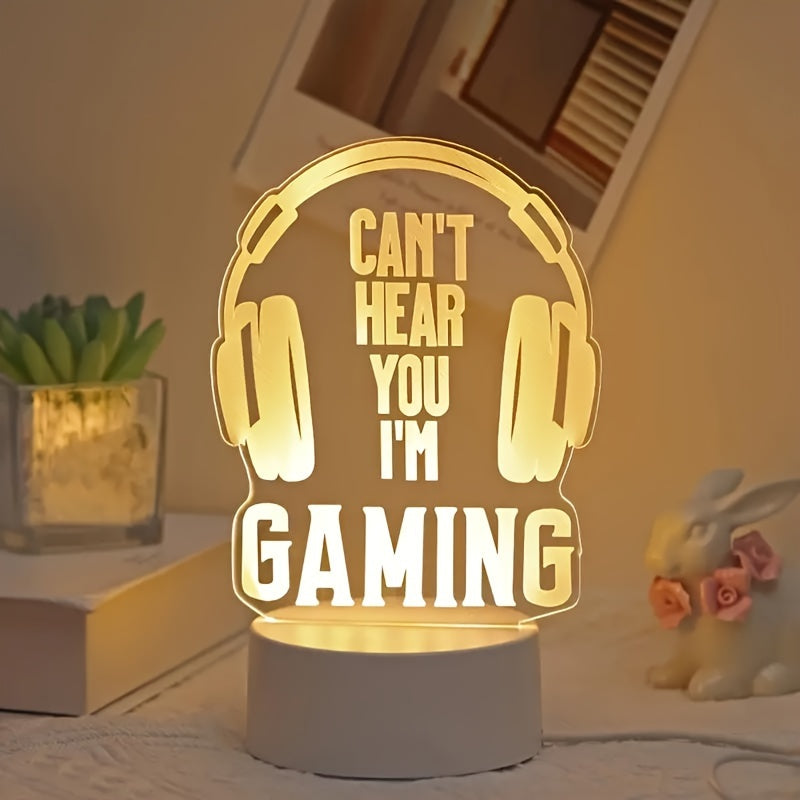 Modern USB-powered 3D gaming headset LED night light with striped design, ideal for desk and bedside decor - the perfect gift for gamers.