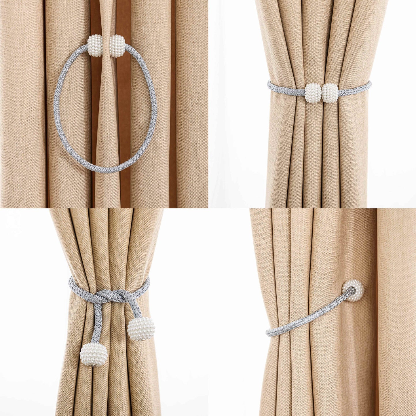 Enhance your home decor with this set of four magnetic curtain tiebacks featuring artificial pearl ball decoration. Made from contemporary style polyester weave rope, these tiebacks are perfect for securing drapes in both the bedroom and living room.