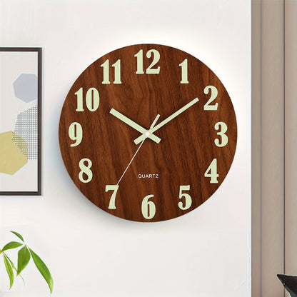 Rustic Tuscan wooden wall clock with glow-in-the-dark feature, 30.48cm in size. Non-ticking, Japanese quartz movement, ideal for living room and bedroom decor. Battery operated (AA not included).