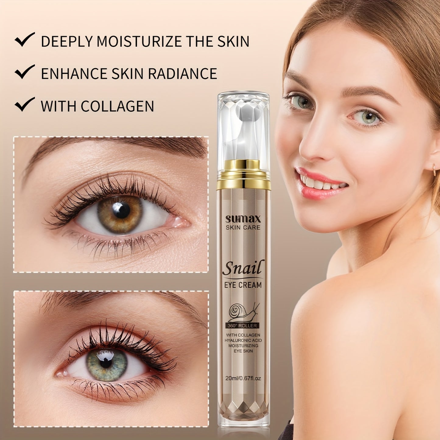 Hydrating Eye Cream with Snail Mucus, Hyaluronic Acid, and Collagen - Firms and Moisturizes Dry Skin, Alcohol-Free Care for All Skin Types, Skin Tightening