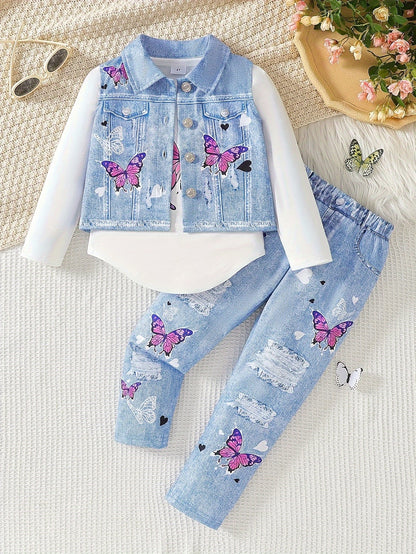 Stylish 3-piece girls' outfit set with butterfly print top, denim-look vest, and casual pants for spring/fall. Features round neck, distressed print, suitable for autumn outings, perfect