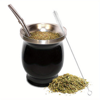 Set includes 8oz Yerba Mate cup, bombilla straw, and brush. Stainless steel vacuum tea cup with heat insulation. Perfect for gifting.