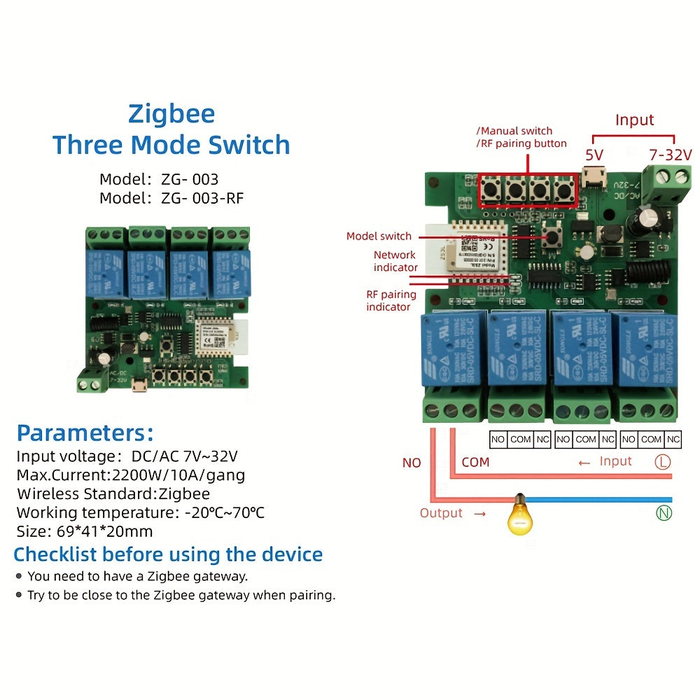 Tuya Zigbee Smart Switch Module with 4-Channel Relay, 2200W/10A Circuit Control, Remote Control, WiFi & RF 433MHz, ≤36V Operating Voltage, No Battery Needed