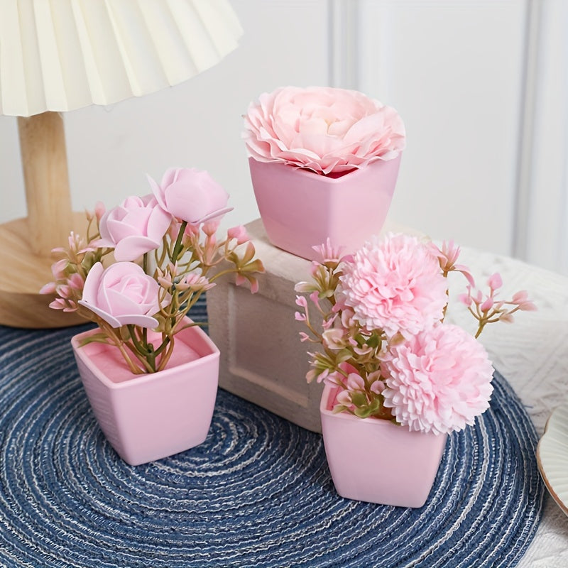 1 set of 3 mini decorative artificial flowers (rose, peach blossom, orchid pink) in small pots, perfect for weddings, home or office decor.