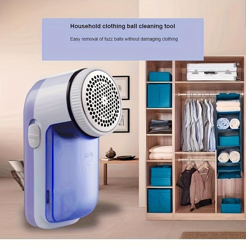 Fabric shaver, also known as electric lint remover, for removing lint, fuzz, and pilling from clothes, bedding, furniture, and carpet. Battery-operated and portable.