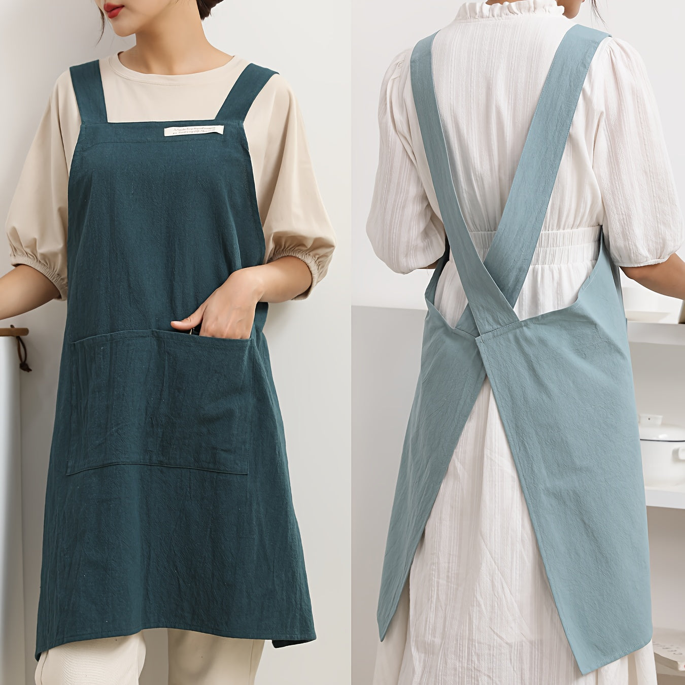 1 linen apron with cross straps and pockets for use in gardening, cooking, baking, painting, barista work, and other tasks.