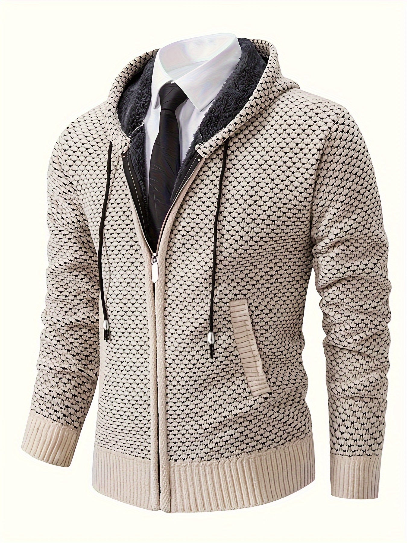 Men's casual fish scales knit cardigan with pockets, hood, and long sleeves made of 100% polyester. Suitable for fall/winter outerwear.