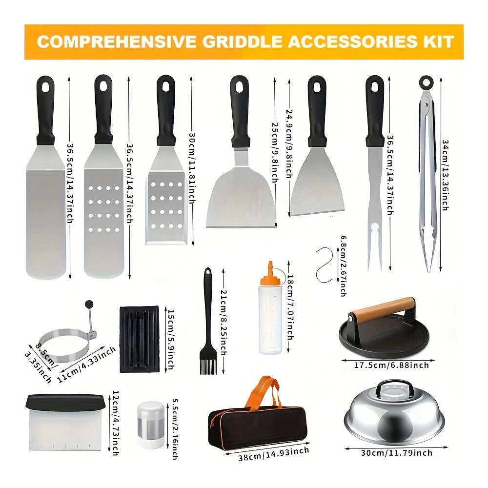 Outdoor BBQ Grill Accessories Set with 29 Pieces for Blackstone & Camp Chef Griddles. Includes Flat Top Grill Tools, Barbecue Utensils, Spatulas, Scraper, Tongs, Bottles, Egg Rings, and more. Perfect for gifting or enhancing your grilling experience. A