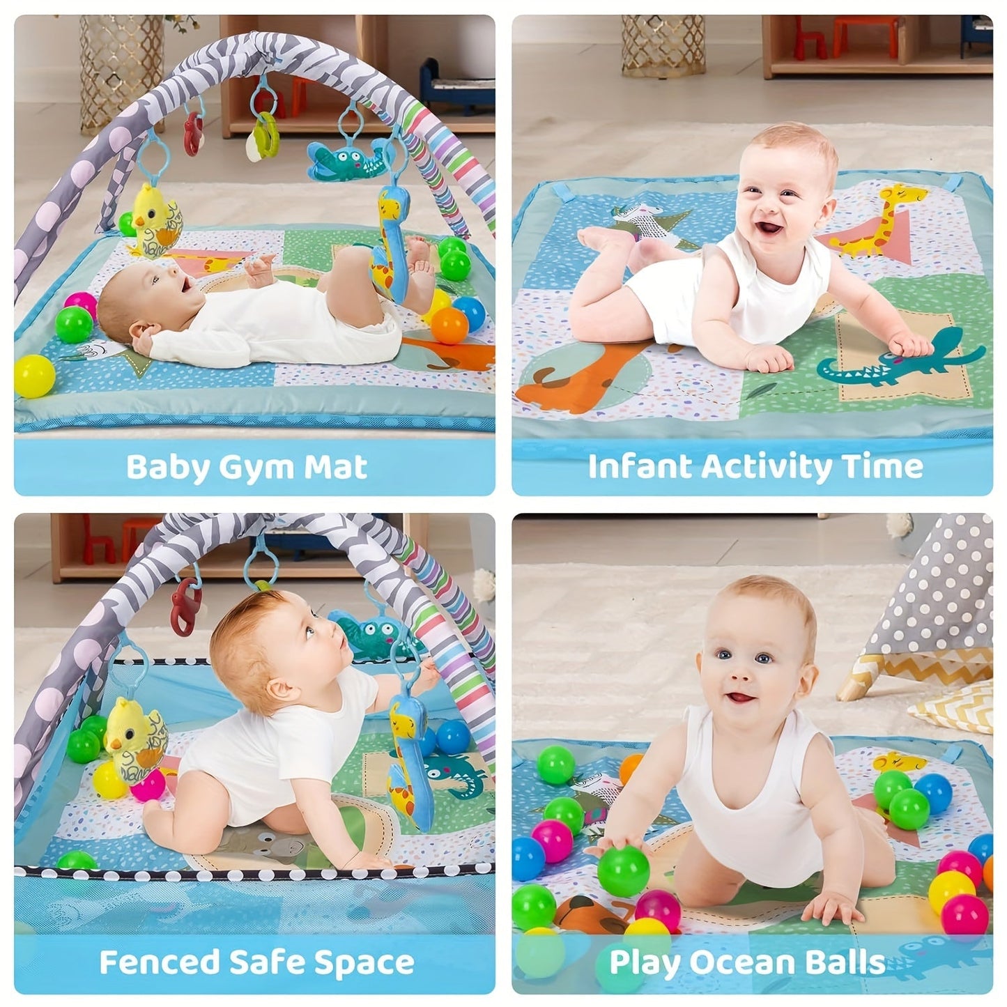 Large Activity Center with 5 interactive sensory dolls, 20 ocean balls, and a durable washable play mat for tummy time activities.