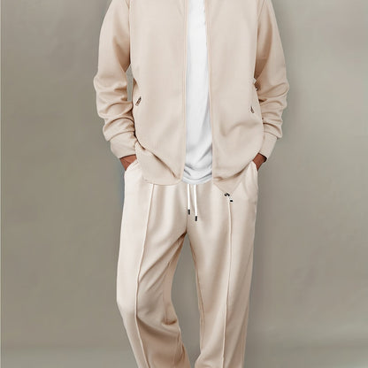 2-piece Men's Waffle Knit Casual Outfit: Solid White Long Sleeve Zip-Up Cardigan & Drawstring Pants Set. Comfortable polyester blend, perfect for daily wear or vacation in spring/fall.