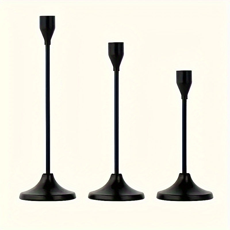 Set of three elegant single-head candle holders for romantic European home décor, perfect for candlelight dinners or weddings. Includes black and gold cone candle holder stands for table centerpieces and room decoration.