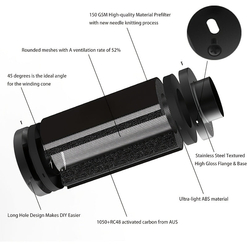 1pc Black Metal Plant Growth Tent Air Filter with 6x16 Inch dimensions, featuring Australian Activated Carbon for enhanced air quality in hydroponic gardening environments.