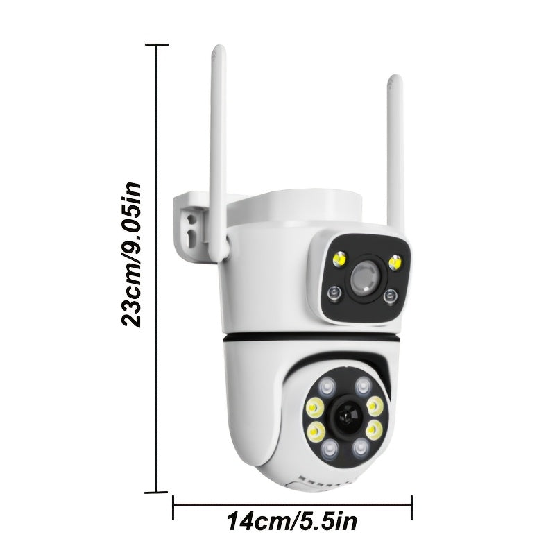 Teruhal 2K HD Wireless Outdoor Security Camera with Dual Lens, Auto Rotating PTZ, Night Vision, Motion Detection, Two-Way Audio, IP66 Waterproof, Wall Mount, App Control, USB Powered. Offers 1080p Resolution and Compatibility with Smartphones.