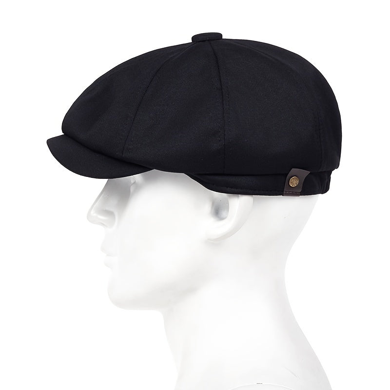 Men's black polyester beret hat with adjustable strap and metal buckle, stylish and comfortable for fall/winter casual wear.