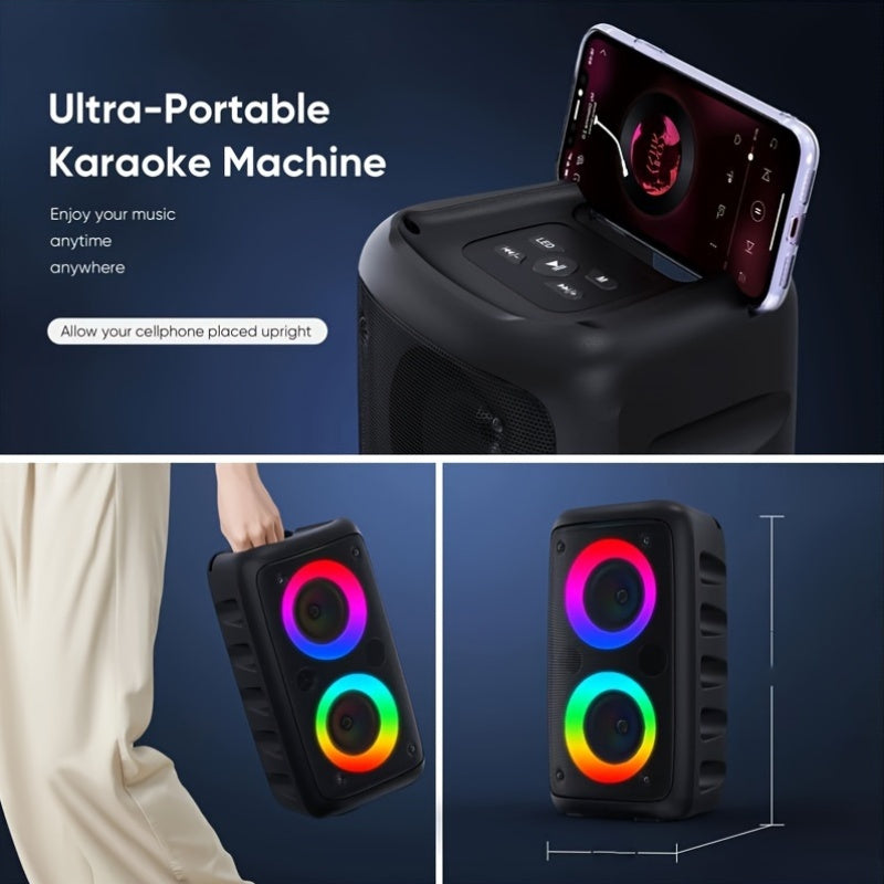 Portable wireless speaker with microphone, LED lights, 2400mAh lithium battery, ideal for home parties and outdoor camping.