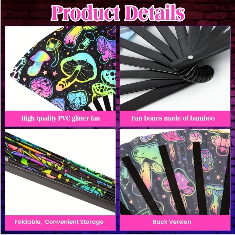 This UV Glow Rave Hand Fan is perfect for festivals and parties. It's a large folding fan that is suitable for events like Halloween and carnival. With its rainbow design, it's a great accessory for any costume. It's easy to use with a click handheld