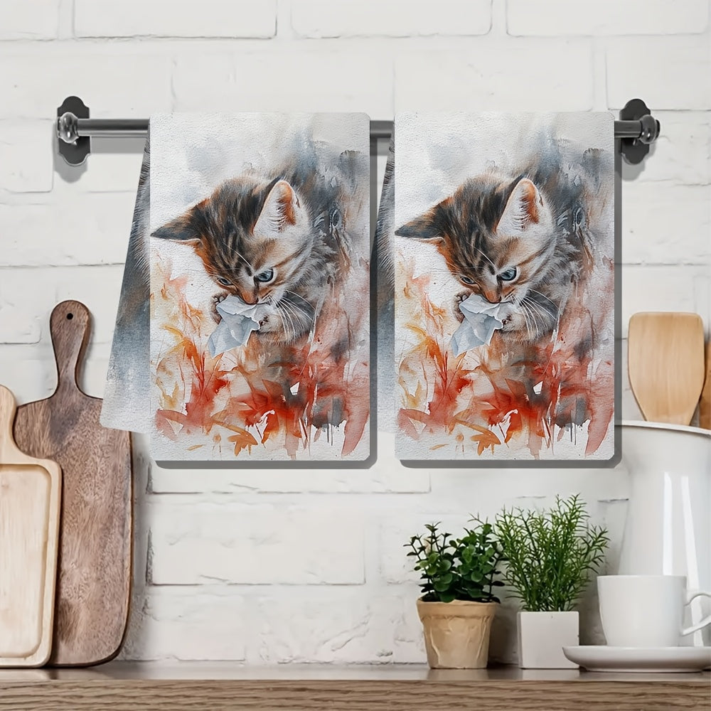 Two ultra soft kitchen towels featuring an adorable kitten with tissue design. These highly absorbent and machine washable dish hand towels are perfect for a contemporary coastal theme in your home decor. Each towel measures 40.64x60.96 cm.