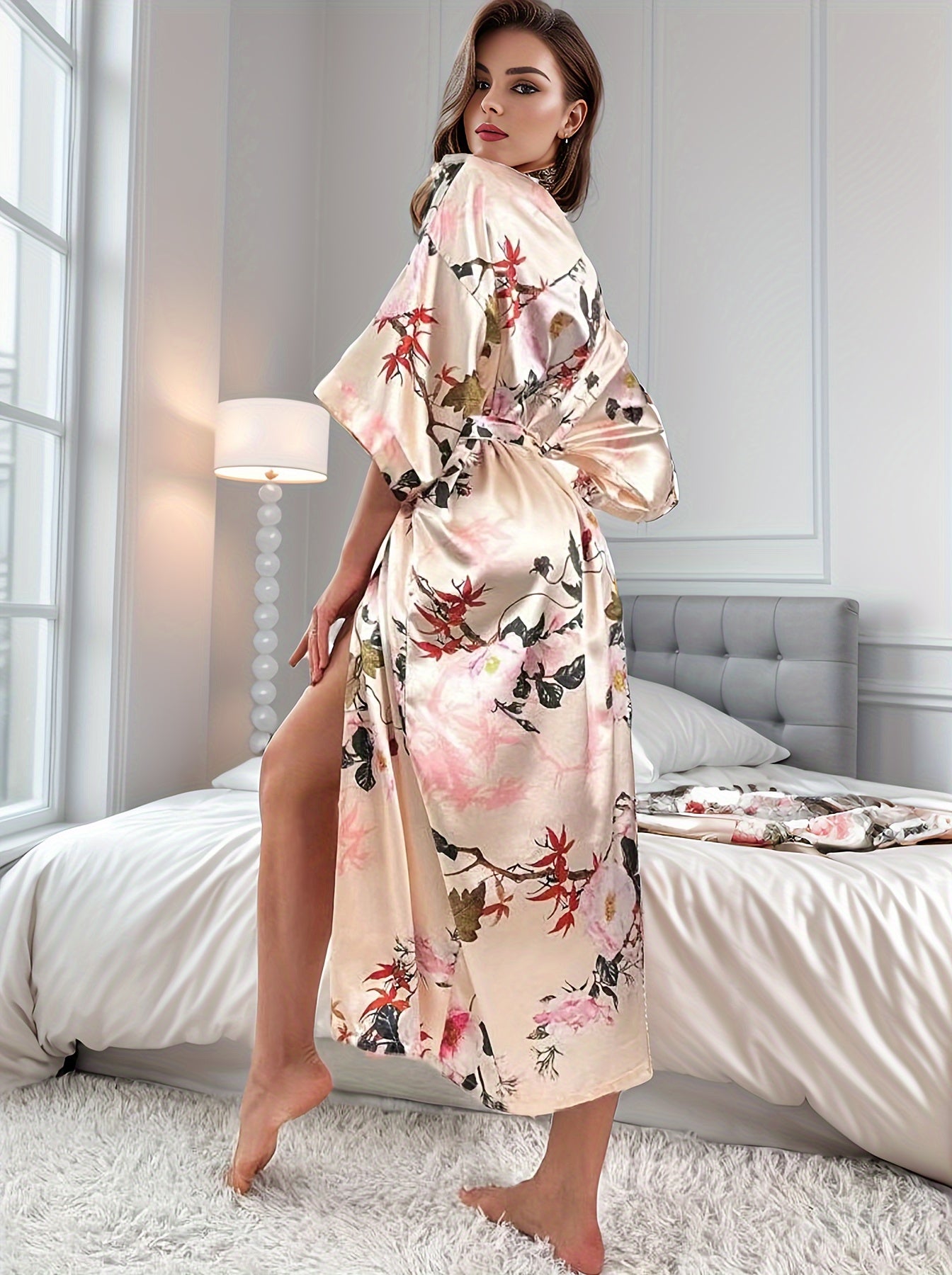 Lightweight polyester night robe with sleeve, deep V-neck, belt; machine washable for all-season comfort.