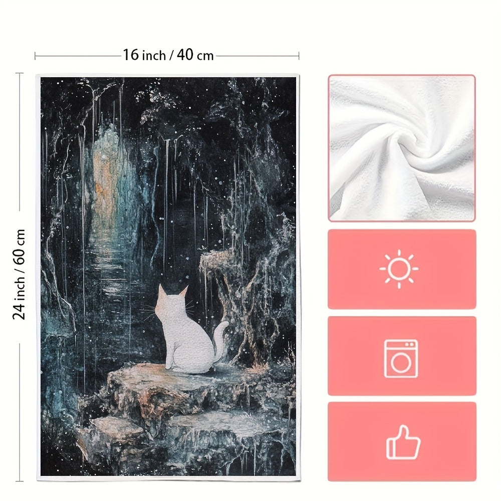 Two pieces of ultra soft kitchen towels featuring mystical Slugcat and Rain World design. These highly absorbent towels are machine washable and measure 40.64x60.96 cm. Perfect for holiday decor, these coastal motif towels are made of soft absorbent