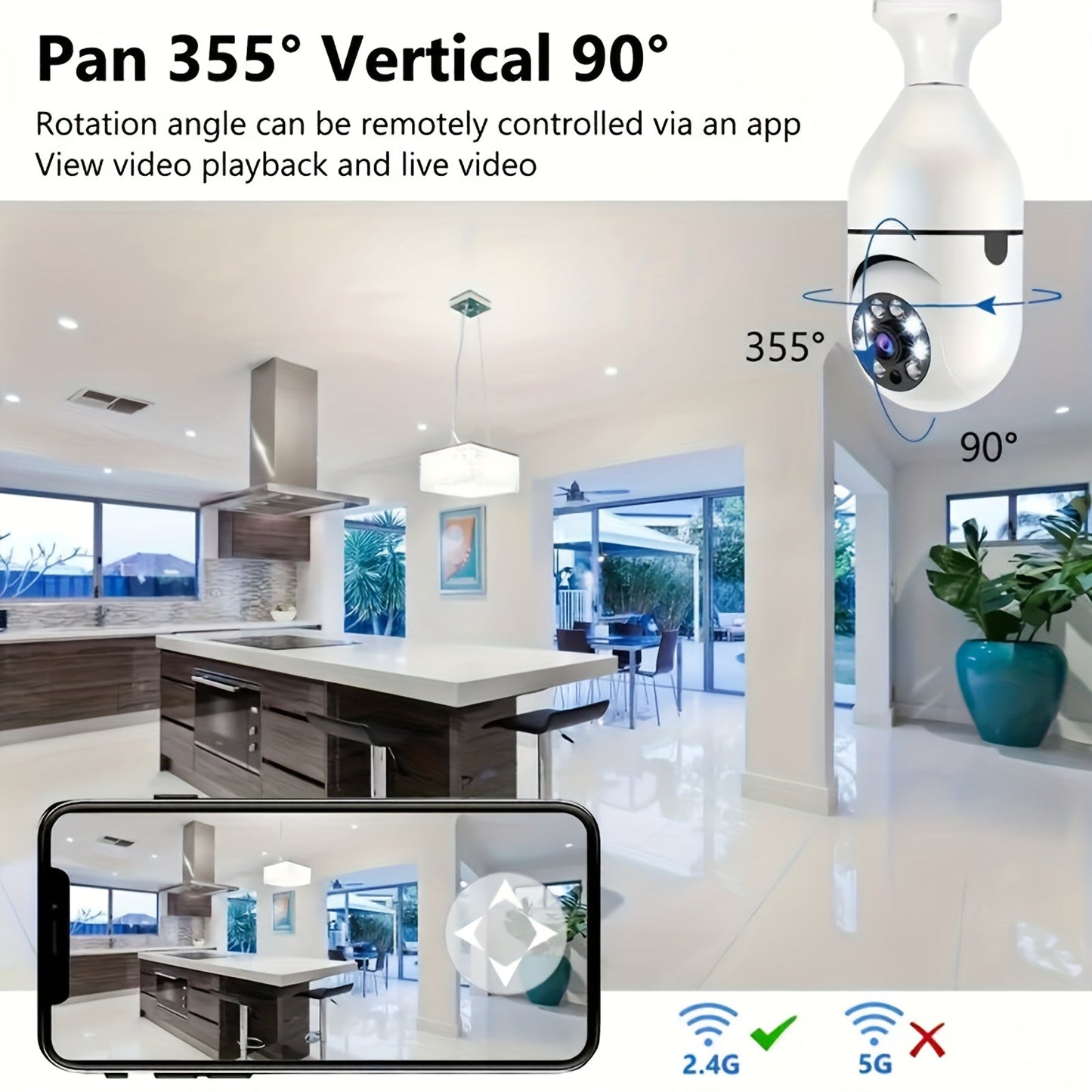 Introducing the YIIYRY Smart WiFi Bulb Camera with E27 Connector - featuring 360° Pan/Tilt, Motion Detection, Two-Way Audio, and Indoor/Outdoor Security. This camera is USB powered (no battery required) and brought to you by YIIYRY.