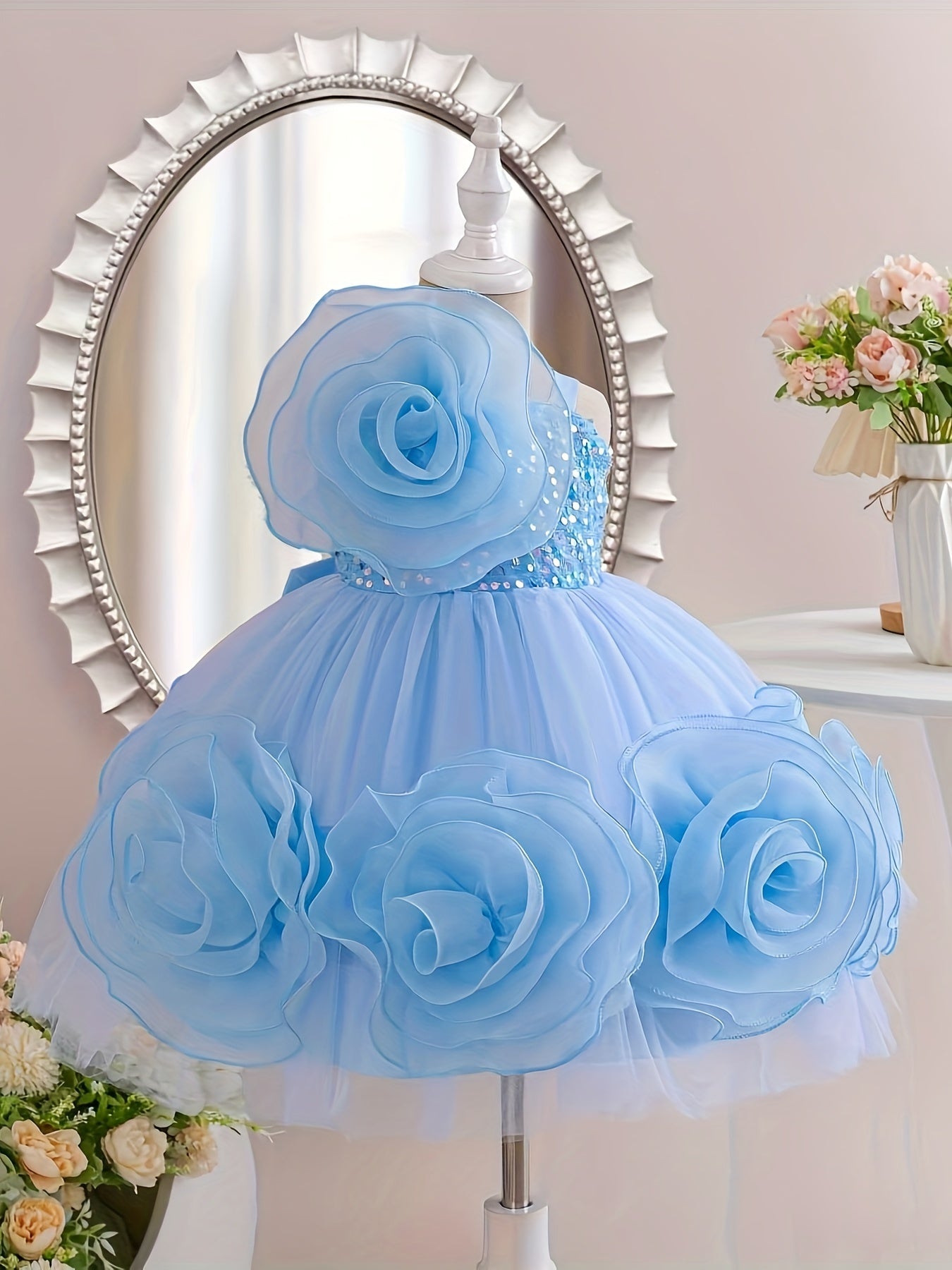 Elegant Flower Decor Sleeveless Mesh Dress for Baby Girls, Ideal for Formal Occasions and Parties.