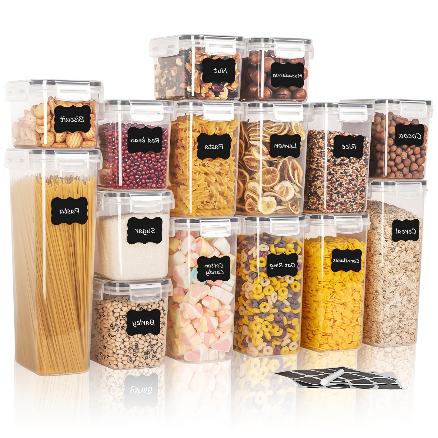 15-piece BPA-free plastic container set for pet food storage, with airtight lids, labels, and marker.