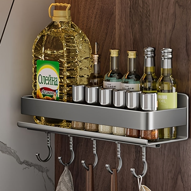 One gun gray stainless steel seasoning rack, designed to hang on the wall without the need for drilling. Comes with 5 hooks for additional storage. Ideal for organizing kitchen seasoning bottles.