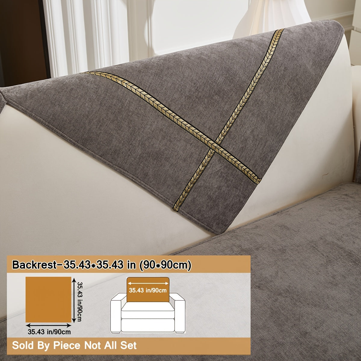 Elegant gray chenille sofa cover with golden braided trim. Non-slip, pet-friendly, and fits single to four-seater sofas. Perfect for all-season use as an elegant home decor in the living room.