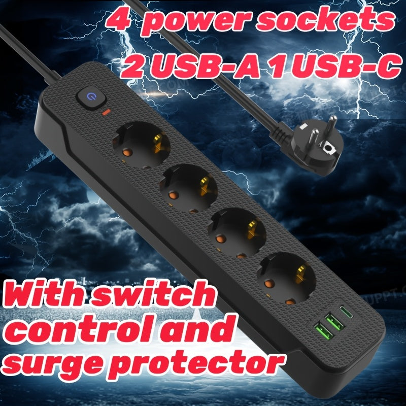 Heavy duty power strip with surge protector, European outlets, USB-A/C ports, flat plug, 220-240V AC, for various settings.