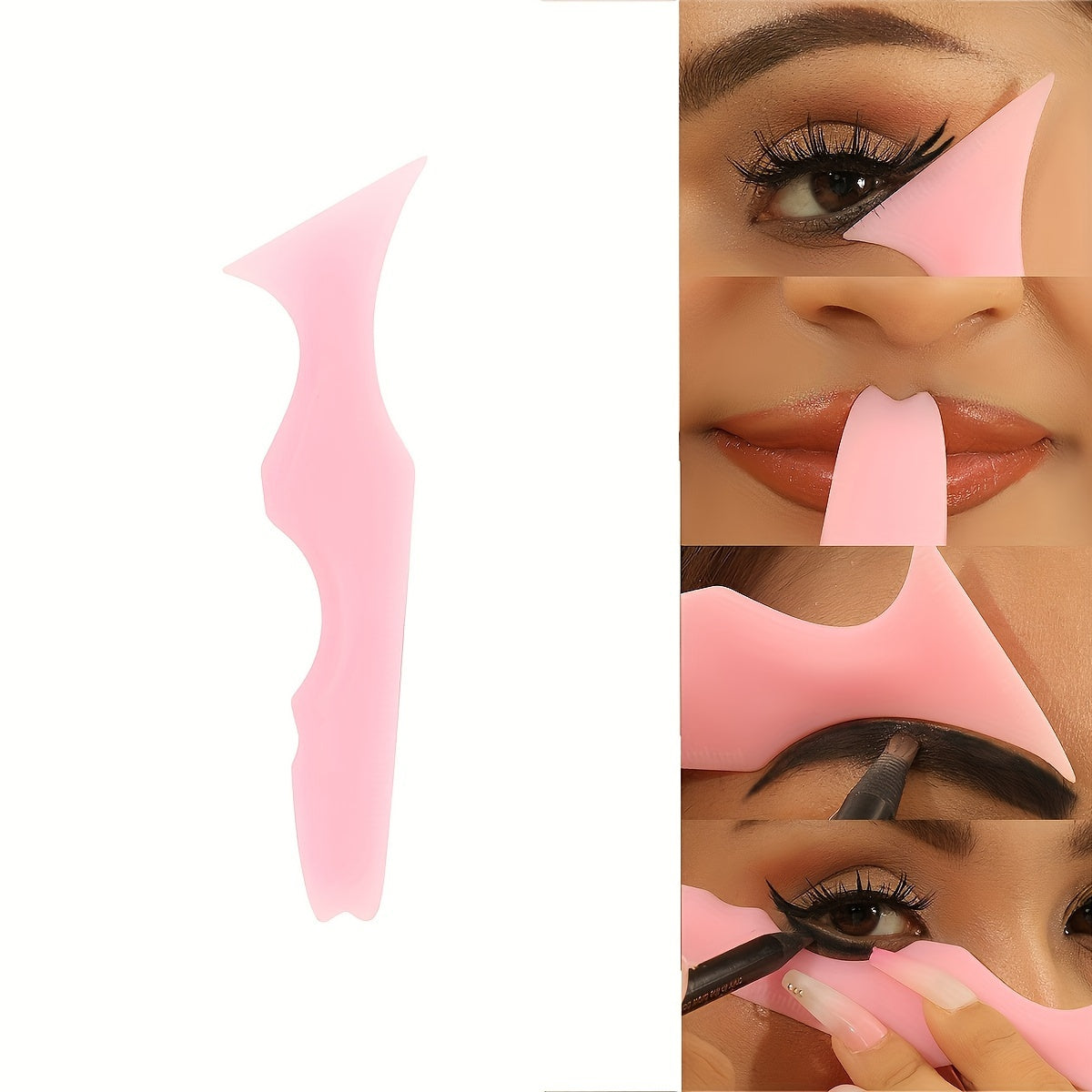 Set of 3 silicone makeup guides in pink for perfect eyeliner, eyelashes, and brows, suitable for all skin types, fragrance-free.