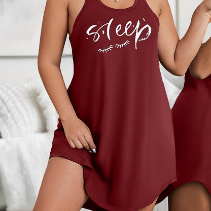 Plus size loungewear dress with scoop neck and racer back, featuring eyelash and letter print.