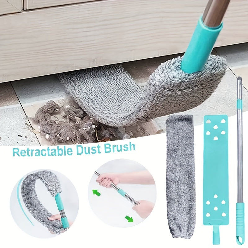 Microfiber dusting brush with extension rod, washable and extendable dust duster with a retractable crevice dust cleaner. This dry-wet dual-use cleaning brush is multipurpose and suitable for use on sofa bed and furniture bottoms. It is a must-have