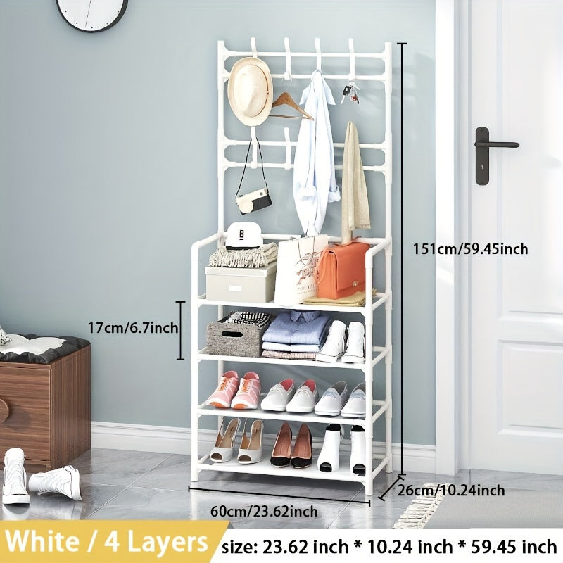 3-in-1 shoe rack with metal hooks and dust cloth, perfect for entrance, living room, or bedroom. Easy to assemble and move, provides sturdy storage.