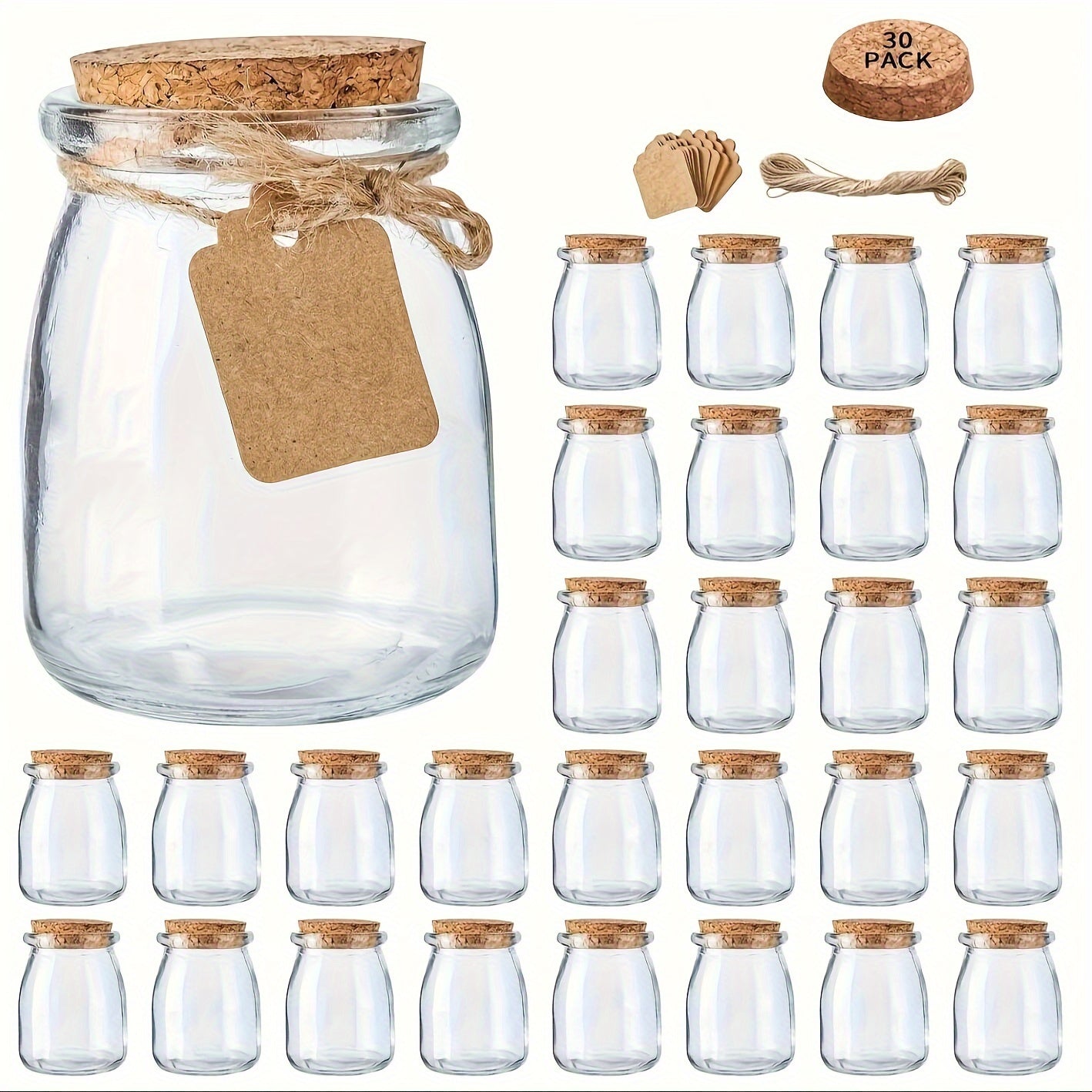 Set of 20 to 30 small glass jars with cork lids, 100ml capacity, perfect for storing yogurt, pudding, honey, and as wedding favors. Includes labels and twine for easy organization. Reusable and round containers.