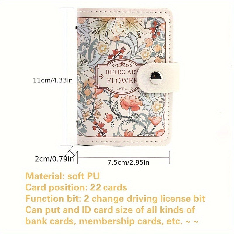 Compact floral credit card holder with delicate design, multiple card slots, and large capacity for driver's license, business cards, and documents.