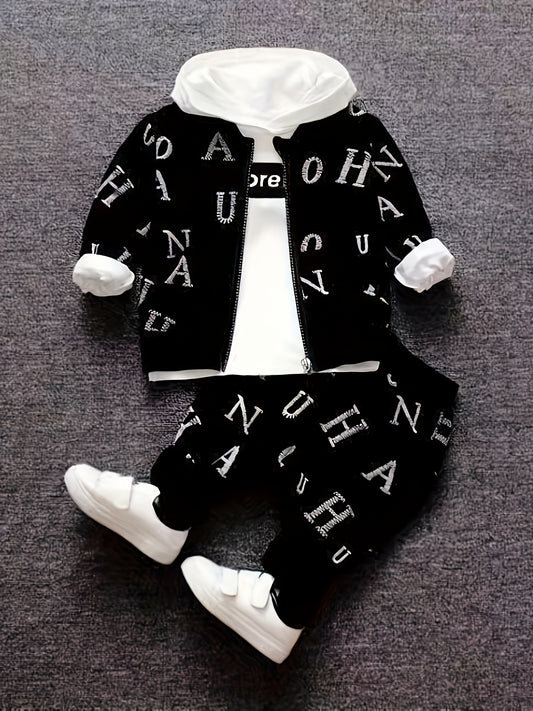 BabiColor Boys' 3-piece Cotton Blend Outfit Set featuring a letter print hoodie, zip-up jacket, and pants. Ideal for outdoor activities in spring/fall.