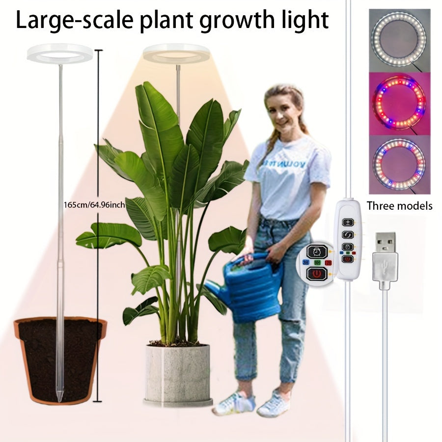 Adjustable USB-powered LED indoor plant growth lamp with automatic timer (3/9/12H settings) and adjustable height of 165.0 cm.