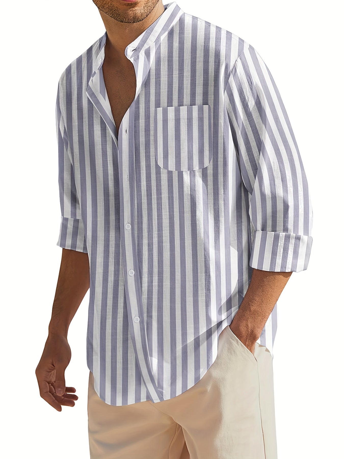 Men's vertical striped band collar shirt with long sleeves and regular fit, suitable for casual wear on the beach or for daily yoga.