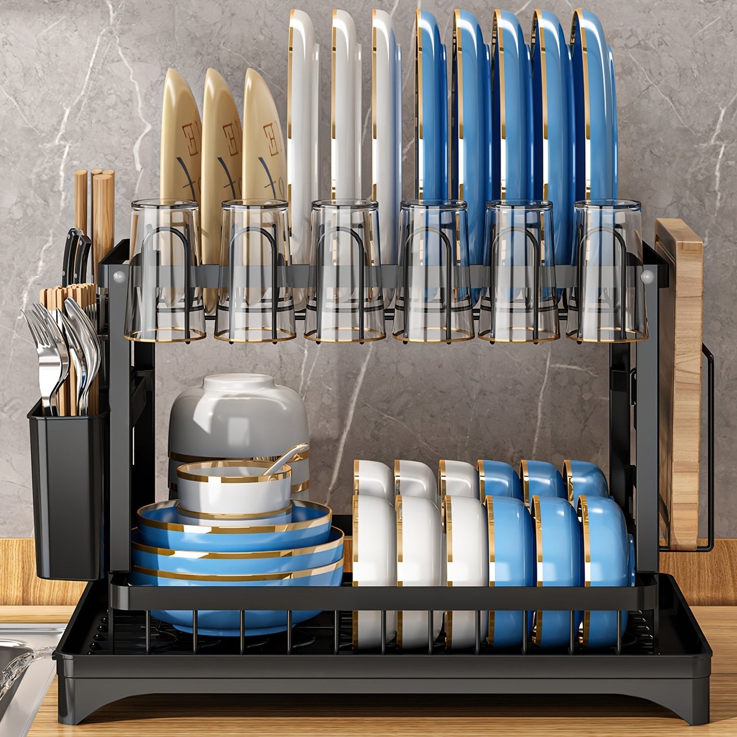 Rustproof Two-Tier Kitchen Rack with Drainboard, Utensil Holder, and Dish Drying Function for Countertop Use